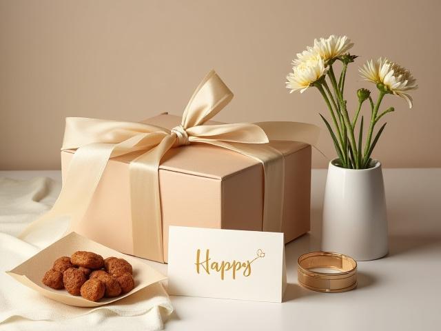 Luxuriöse personalisierte Geschenkbox mit einer kleinen Vase, Trüffeln und einer handgeschriebenen Karte neben einem Blumenstrauß