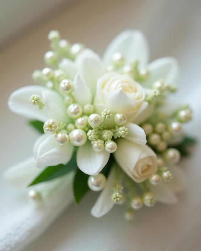 Filigrane Corsage aus kleinen Blüten für einen Hochzeitsgast