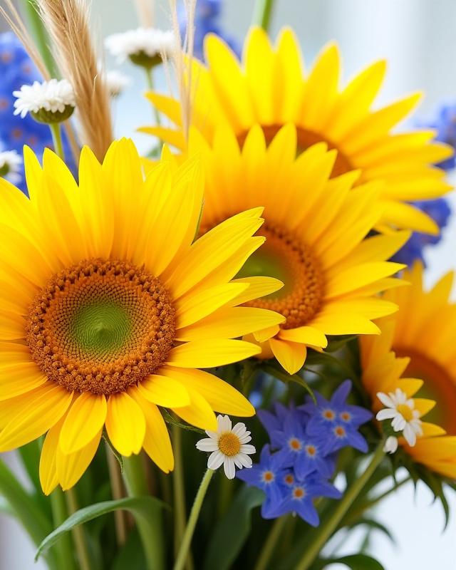 Leuchtender Sommerstrauß mit Sonnenblumen und Wildblumen