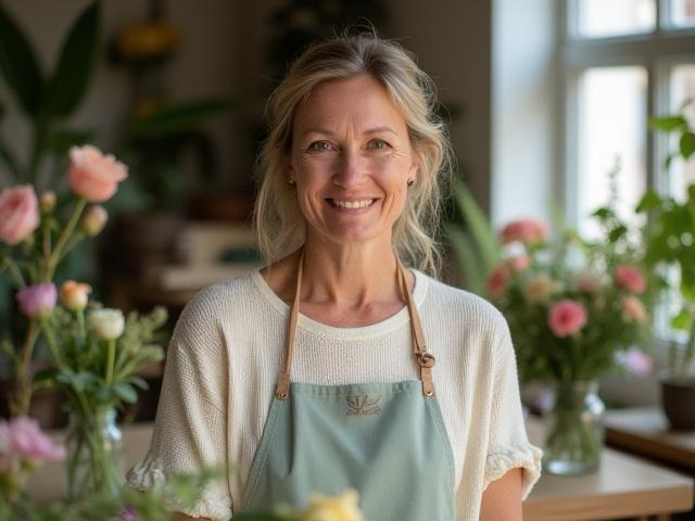 Gründerin von Vole Verdure, Laura Fischer, lächelt umgeben von frischen Blumen in ihrem Atelier.